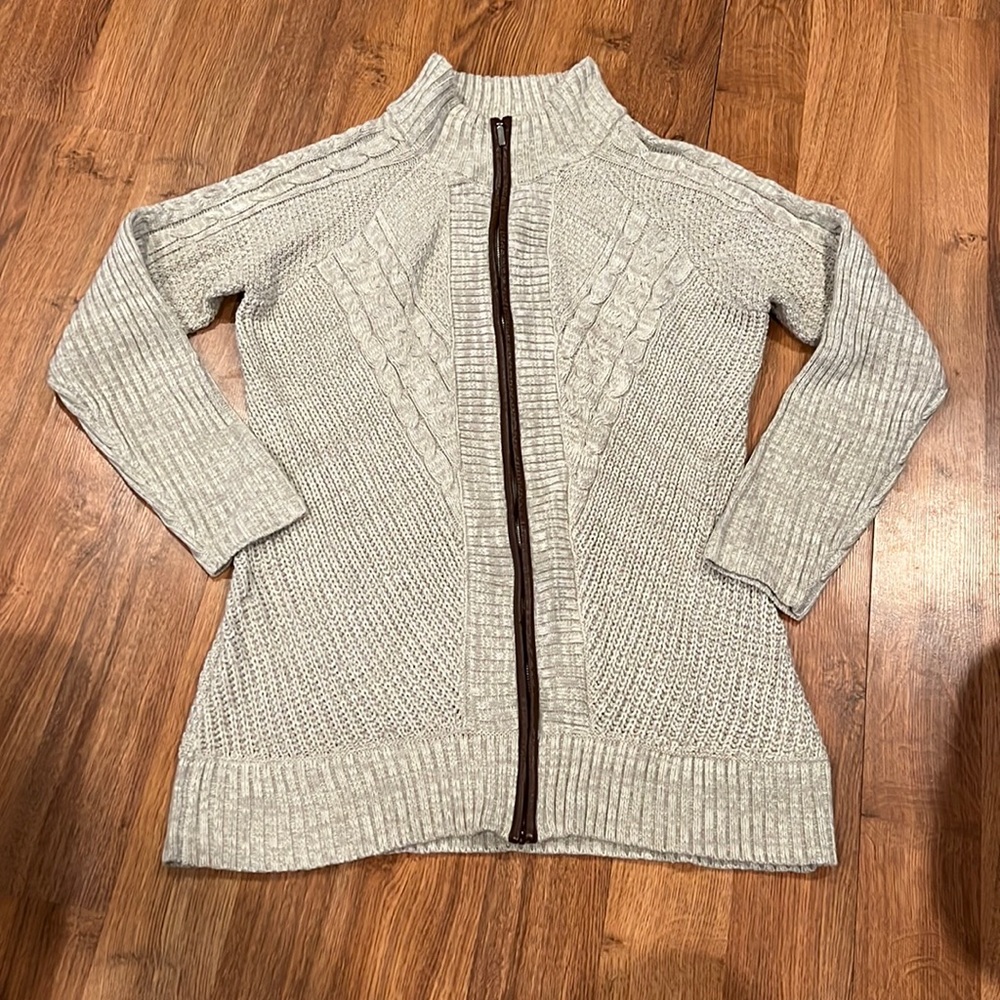 Venus sz L long zip up sweater gray with leather zipper detail